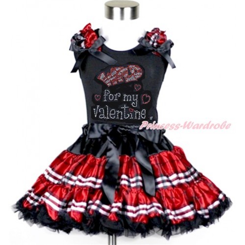 Valentine's Day Black Tank Top with Red Black Checked Ruffles & Black Bow with Sparkle Crystal Bling Rhinestone Wild for my Valentine Print & Red Black Checked Pettiskirt MG971 
