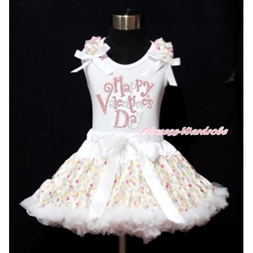 Valentine's Day White Tank Top with White Rainbow Dot Ruffles & White Bow with Sparkle Crystal Bling Rhinestone Happy Valentine's Day Print & White Rainbow Dot Pettiskirt MG973 