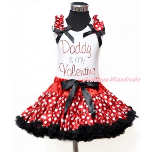 Valentine's Day White Tank Top with Minnie Dot Ruffles & Black Bow with Sparkle Crystal Bling Rhinestone Daddy is my Valentine Print & Minnie Dot Black Pettiskirt MG976 
