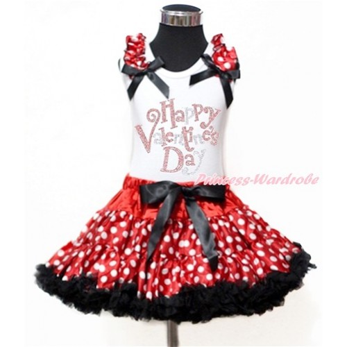 Valentine's Day White Tank Top with Minnie Dot Ruffles & Black Bow with Sparkle Crystal Bling Rhinestone Happy Valentine's Day Print & Minnie Dot Pettiskirt MG977 