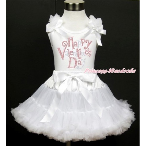 Valentine's Day White Tank Top with White Ruffles & White Bow with Sparkle Crystal Bling Rhinestone Happy Valentine's Day Print & White Pettiskirt MG980 