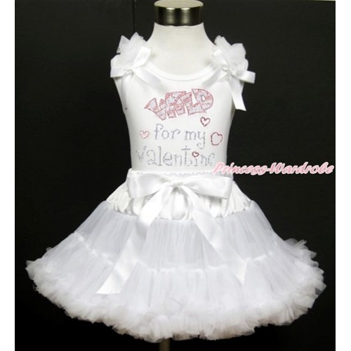 Valentine's Day White Tank Top with White Ruffles & White Bow with Sparkle Crystal Bling Rhinestone Wild for my Valentine Print & White Pettiskirt MG981 