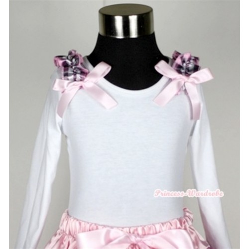 White Long Sleeves Top with Light Pink Checked  Ruffles & Light Pink Bow T265 