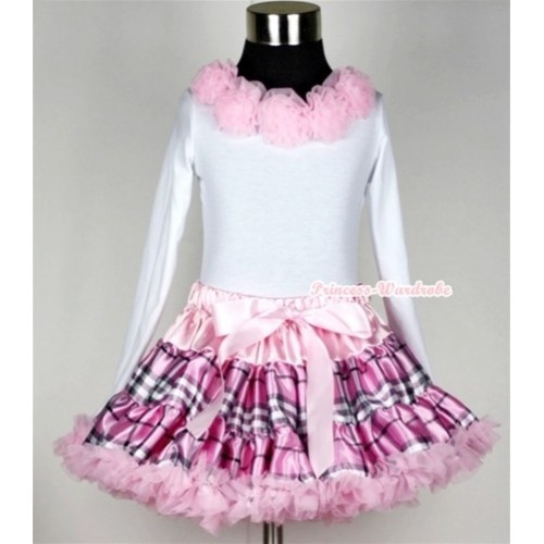 Light Pink Checked Pettiskirt  Matching White Long Sleeve Top With Light Pink Rosettes MW130 