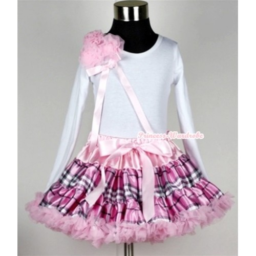 Light Pink Checked Pettiskirt with Matching White Long Sleeve Top with Bunch of Light Pink Rosettes& Light Pink Bow MW131 