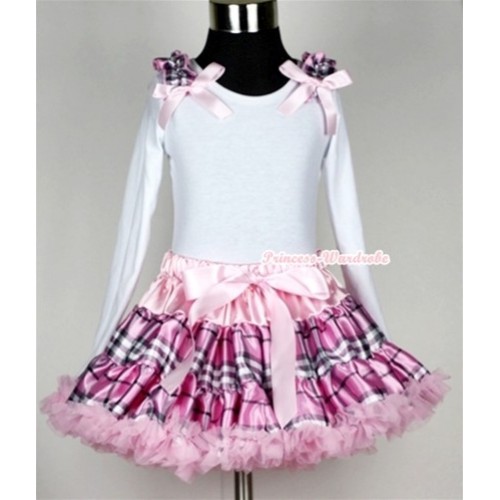 Light Pink Checked Pettiskirt with Matching White Long Sleeve Top with Light Pink Checked Ruffles & Light Pink Bow MW132 