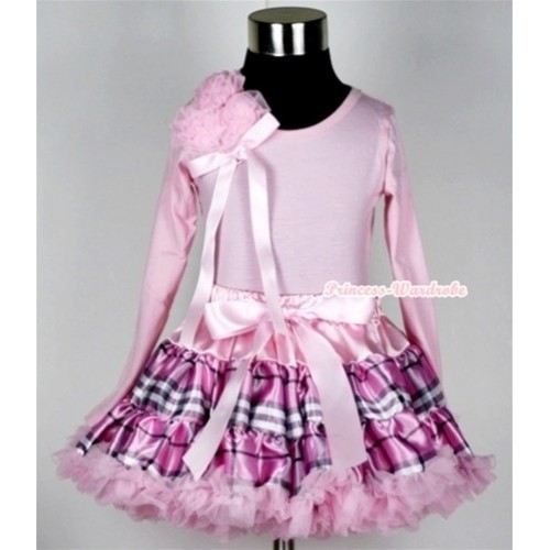 Light Pink Checked Pettiskirt with Matching Light Pink Long Sleeves Top with Bunch of Light Pink Rosettes& Light Pink Bow MW136 