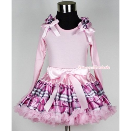 Light Pink Checked Pettiskirt with Matching Light Pink Long Sleeve Top with Light Pink Checked Ruffles & Light Pink Bow MW137 