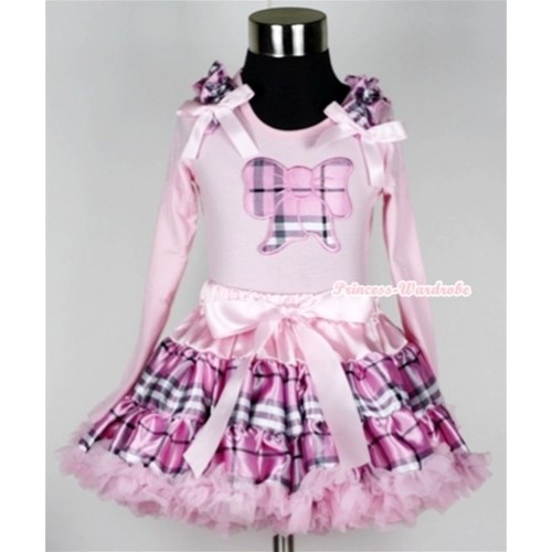 Light Pink Checked Pettiskirt with Light Pink Checked Butterfly Print Light Pink Long Sleeve Top with Light Pink Checked Ruffles and Light Pink Bow MW139 