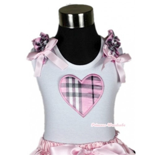 White Tank Top With Light Pink Checked Heart Print With Light Pink Checked Ruffles& Light Pink Bows TB261 