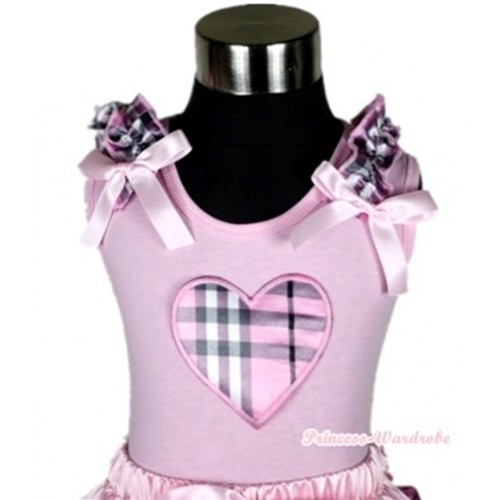 Light Pink Tank Top With Light Pink Checked Heart Print With Light Pink Checked Ruffles& Light Pink Bows TP21 