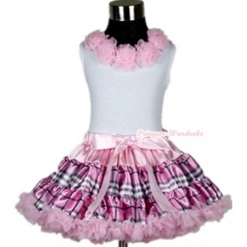 White Tank Tops with Light Pink Rosettes & Light Pink Checked Pettiskirt MG353 