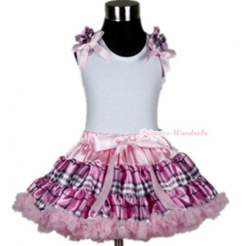 White Tank Top With Light Pink Checked Ruffles & Light Pink Bows With Light Pink Checked Pettiskirt MN095 