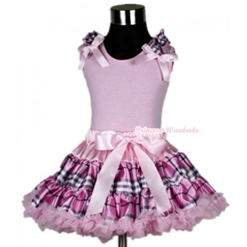 Light Pink Tank Top with Light Pink Checked Ruffles& Light Pink Bow With Light Pink Checked Pettiskirt M278 