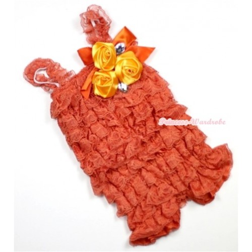 Orange Lace Ruffles Petti Rompers With Straps With Big Bow & Bunch Of Satin Rosettes& Crystal LR133 