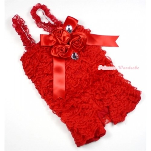 Hot Red Lace Ruffles Petti Rompers With Straps With Big Bow & Bunch Of Satin Rosettes& Crystal LR135 