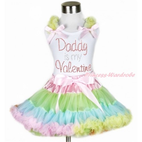 Valentine's Day White Tank Top with Yellow Ruffles & Light Pink Bow with Sparkle Crystal Bling Rhinestone Daddy is my Valentine Print & Light-Colored Rainbow Pettiskirt MG985 