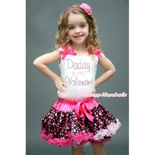Valentine's Day White Tank Top with Hot Pink Ruffles & Hot Pink Bow with Sparkle Crystal Bling Rhinestone Daddy is my Valentine Print & Hot Light Pink Heart Pettiskirt MG996 