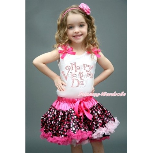 Valentine's Day White Tank Top with Hot Pink Ruffles & Hot Pink Bow with Sparkle Crystal Bling Rhinestone Happy Valentine's Day Print & Hot Light Pink Heart Pettiskirt MG997 