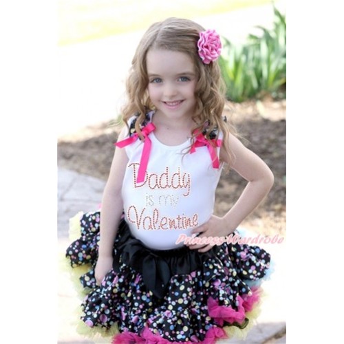 Valentine's Day White Tank Top with Black Rainbow Dots Ruffles & Hot Pink Bow with Sparkle Crystal Bling Rhinestone Daddy is my Valentine Print & Black Rainbow Polka Dot Pettiskirt MG999 
