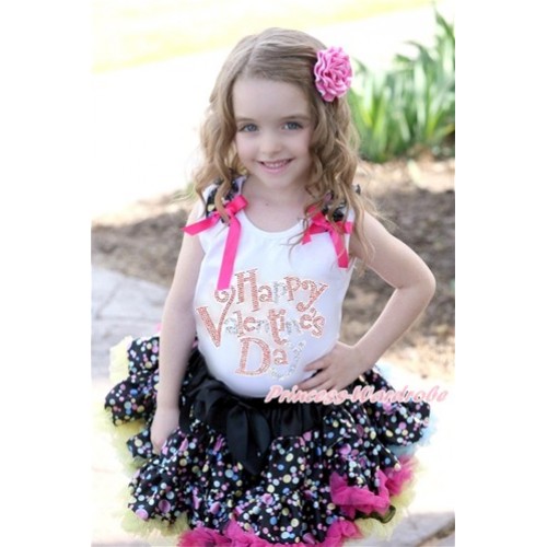 Valentine's Day White Tank Top with Black Rainbow Dots Ruffles & Hot Pink Bow with Sparkle Crystal Bling Rhinestone Happy Valentine's Day Print & Black Rainbow Polka Dot Pettiskirt MG1000 