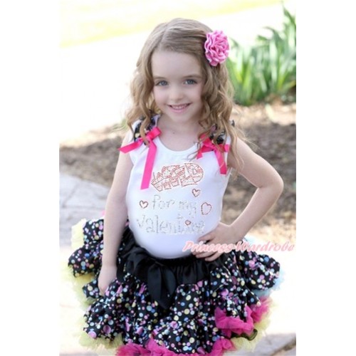 Valentine's Day White Tank Top with Black Rainbow Dots Ruffles & Hot Pink Bow with Sparkle Crystal Bling Rhinestone Wild for my Valentine Print & Black Rainbow Polka Dot Pettiskirt MG1001 
