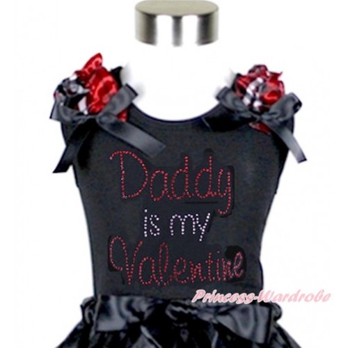 Valentine's Day Black Tank Top With Red Black Checked Ruffles & Black Bow With Sparkle Crystal Bling Rhinestone Daddy is my Valentine Print TB583 