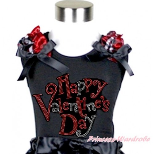 Valentine's Day Black Tank Top With Red Black Checked Ruffles & Black Bow With Sparkle Crystal Bling Rhinestone Happy Valentine's Day Print TB584 