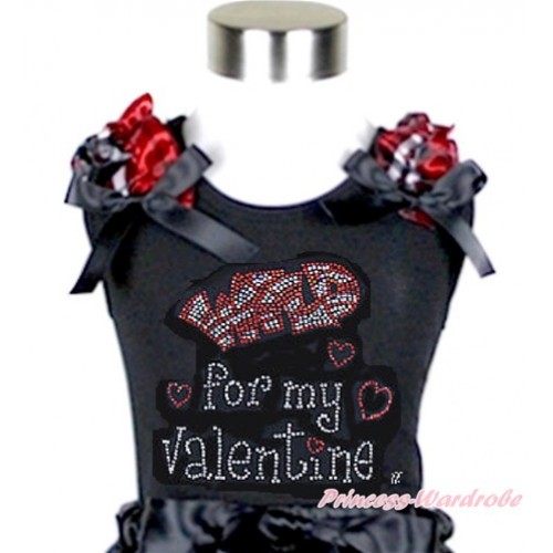 Valentine's Day Black Tank Top With Red Black Checked Ruffles & Black Bow With Sparkle Crystal Bling Rhinestone Wild for my Valentine Print TB585 
