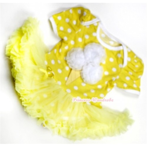 Yellow White Polka Dots Baby Jumpsuit Yellow Pettiskirt with White Rosettes Ice Cream Print JS172 