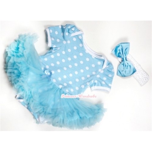 Light Blue White Polka Dots Baby Jumpsuit Light Blue Pettiskirt With White Headband Light Blue Satin Bow JS180 