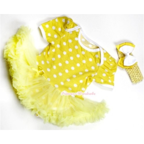 Yellow White Polka Dots Baby Jumpsuit Yellow Pettiskirt With Yellow Headband White Yellow Ribbon Bow JS182 