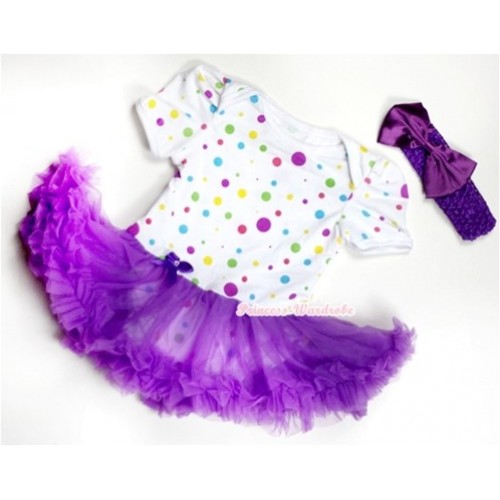White Rainbow Polka Dots Baby Jumpsuit Dark Purple Pettiskirt With Dark Purple Headband Dark Purple Satin Bow JS183 