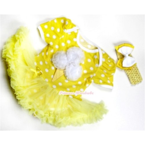 Yellow White Polka Dots Baby Jumpsuit Yellow Pettiskirt With White Rosettes Ice Cream Print With Yellow Headband White Yellow Ribbon Bow JS197 