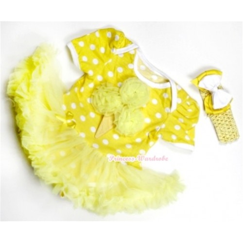 Yellow White Polka Dots Baby Jumpsuit Yellow Pettiskirt With Yellow Rosettes Ice Cream Print With Yellow Headband White Yellow Ribbon Bow JS200 