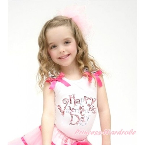 Valentine's Day White Tank Top With Zebra Ruffles & Hot Pink Bow With Sparkle Crystal Bling Rhinestone Happy Valentine's Day Print TB591 