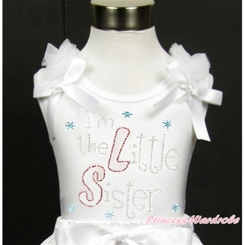 White Tank Top With White Ruffles & White Bow With Sparkle Crystal Bling Rhinestone I'm the Little Sister Print TB614 
