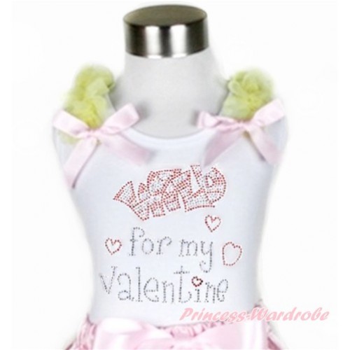 Valentine's Day White Tank Top With Yellow Ruffles & Light Pink Bow With Sparkle Crystal Bling Rhinestone Wild for my Valentine Print TB618 