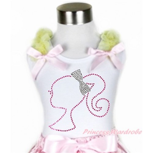 White Tank Top With Yellow Ruffles & Light Pink Bow With Sparkle Crystal Bling Rhinestone Barbie Princess Print TB619 