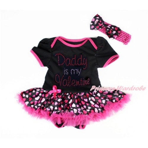 Valentine's Day Black Baby Bodysuit Jumpsuit Hot Light Pink Heart Pettiskirt With Sparkle Crystal Bling Rhinestone Daddy is my Valentine Print With Hot Pink Headband Hot Light Pink Heart Satin Bow JS2996 