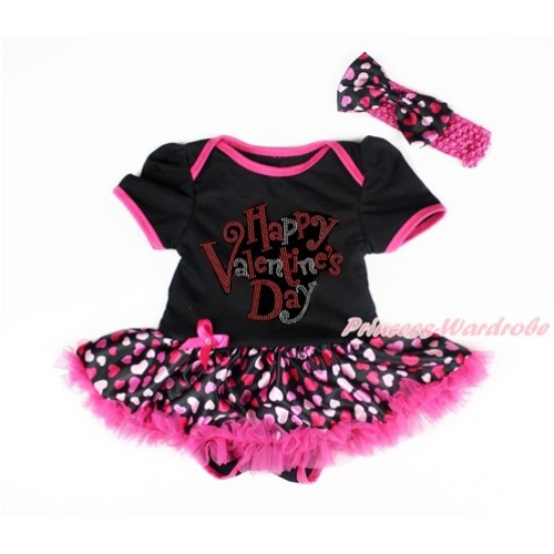 Valentine's Day Black Baby Bodysuit Jumpsuit Hot Light Pink Heart Pettiskirt With Sparkle Crystal Bling Rhinestone Happy Valentine's Day Print With Hot Pink Headband Hot Light Pink Heart Satin Bow JS2997 