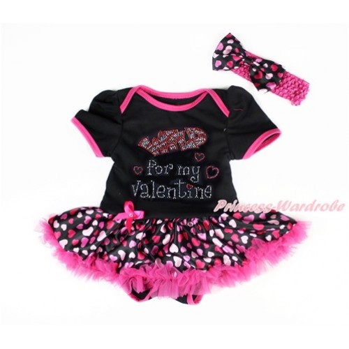 Valentine's Day Black Baby Bodysuit Jumpsuit Hot Light Pink Heart Pettiskirt With Sparkle Crystal Bling Rhinestone Wild for my Valentine Print With Hot Pink Headband Hot Light Pink Heart Satin Bow JS2998 