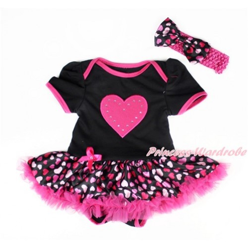 Valentine's Day Black Baby Bodysuit Jumpsuit Hot Light Pink Heart Pettiskirt With Hot Pink Heart Print With Hot Pink Headband Hot Light Pink Heart Satin Bow JS2999 