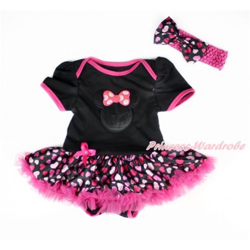 Valentine's Day Black Baby Bodysuit Jumpsuit Hot Light Pink Heart Pettiskirt With Hot Pink Minnie Print With Hot Pink Headband Hot Light Pink Heart Satin Bow JS3001 