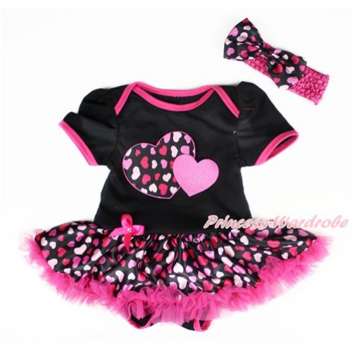 Valentine's Day Black Baby Bodysuit Jumpsuit Hot Light Pink Heart Pettiskirt With Hot Pink Sweet Twin Heart Print With Hot Pink Headband Hot Light Pink Heart Satin Bow JS3002 
