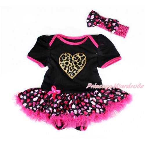 Valentine's Day Black Baby Bodysuit Jumpsuit Hot Light Pink Heart Pettiskirt With Leopard Heart Print With Hot Pink Headband Hot Light Pink Heart Satin Bow JS3003 