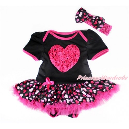 Valentine's Day Black Baby Bodysuit Jumpsuit Hot Light Pink Heart Pettiskirt With Hot Pink Rosettes Heart Print With Hot Pink Headband Hot Light Pink Heart Satin Bow JS3004 