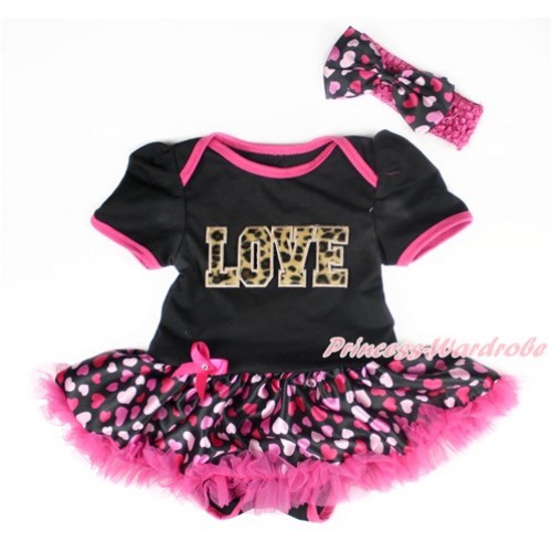 Valentine's Day Black Baby Bodysuit Jumpsuit Hot Light Pink Heart Pettiskirt With Leopard LOVE Print With Hot Pink Headband Hot Light Pink Heart Satin Bow JS3005 