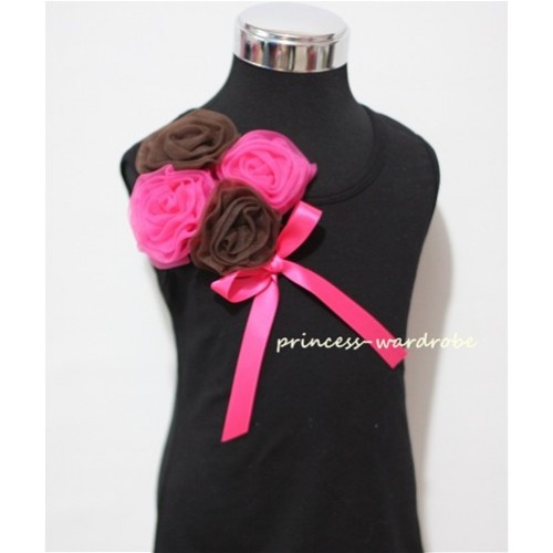 Black Top with Bunch of Brown Pink Rosettes and Hot Pink Bow TB62 