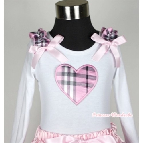 White Long Sleeves Top with Light Pink Checked Heart Print With Light Pink Checked Ruffles & Light Pink Bow T266 